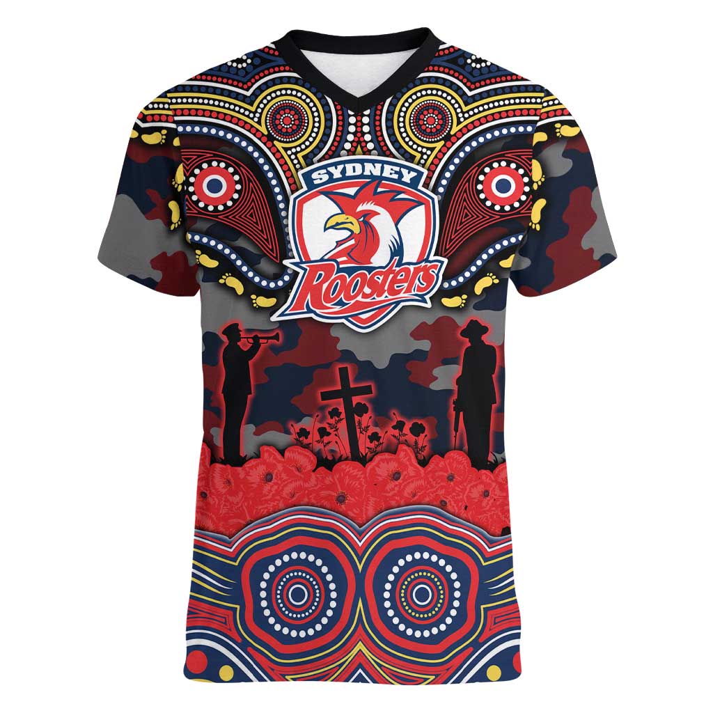 ANZAC Day Sydney Roosters Women V-Neck T-Shirt Military Memorial Aboriginal Indigenous Art