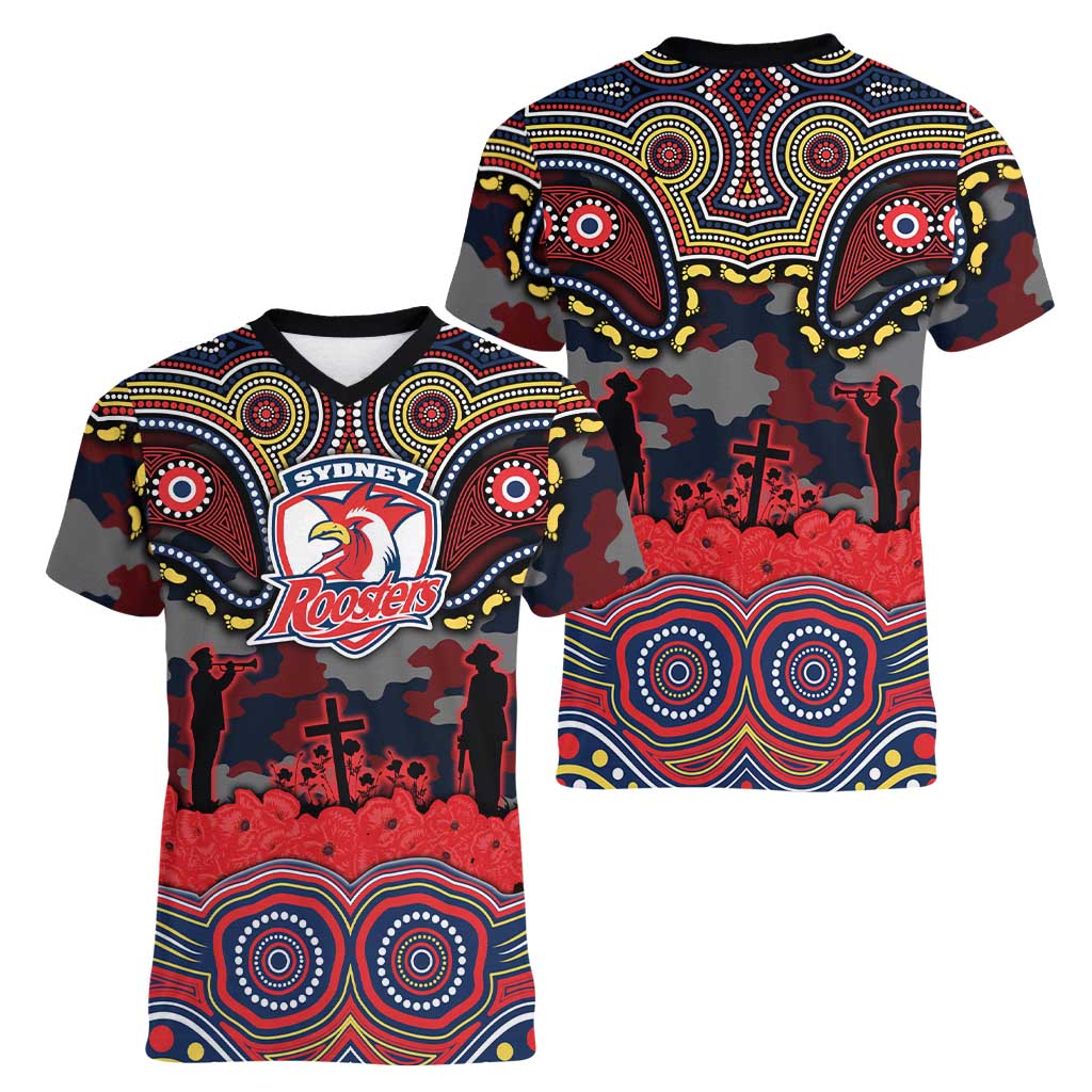 ANZAC Day Sydney Roosters Women V-Neck T-Shirt Military Memorial Aboriginal Indigenous Art