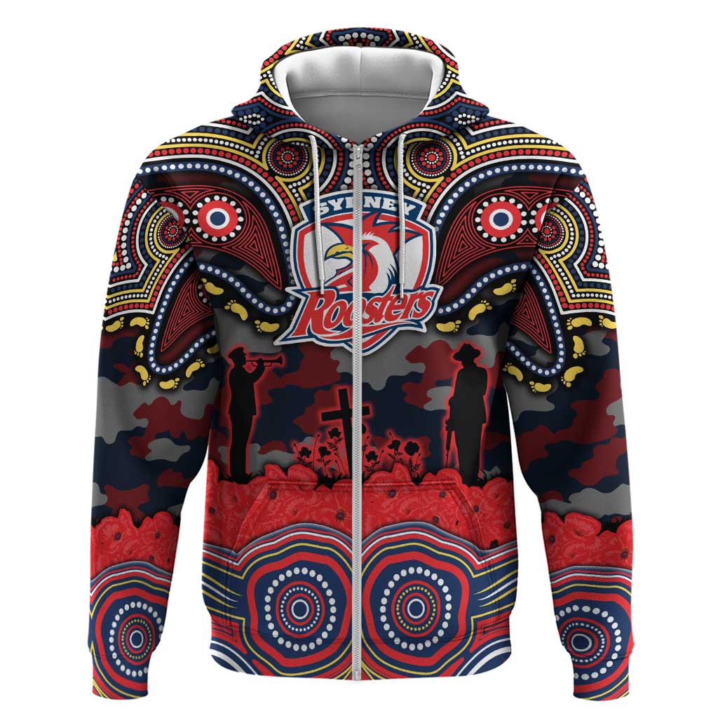 ANZAC Day Sydney Roosters Zip Hoodie Military Memorial Aboriginal Indigenous Art