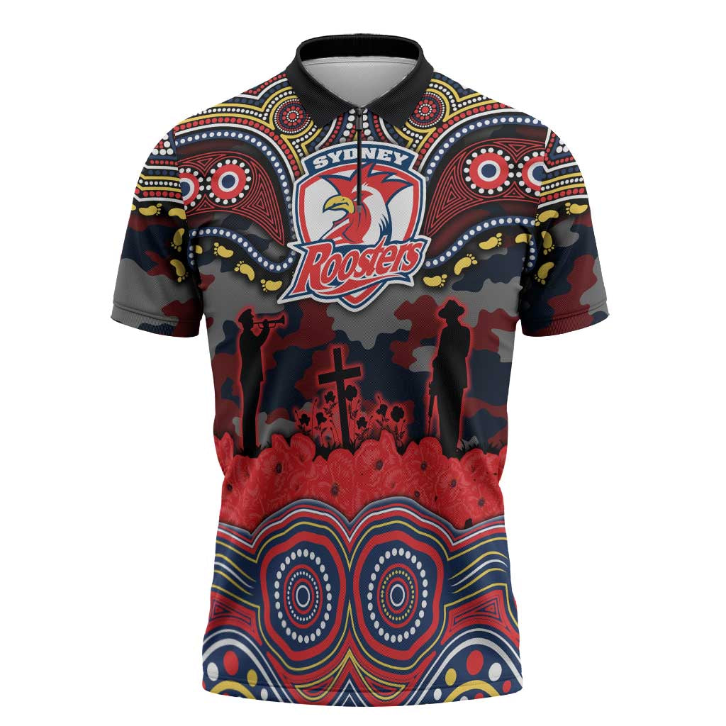 ANZAC Day Sydney Roosters Zipper Polo Shirt Military Memorial Aboriginal Indigenous Art