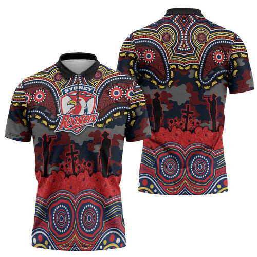 ANZAC Day Sydney Roosters Zipper Polo Shirt Military Memorial Aboriginal Indigenous Art