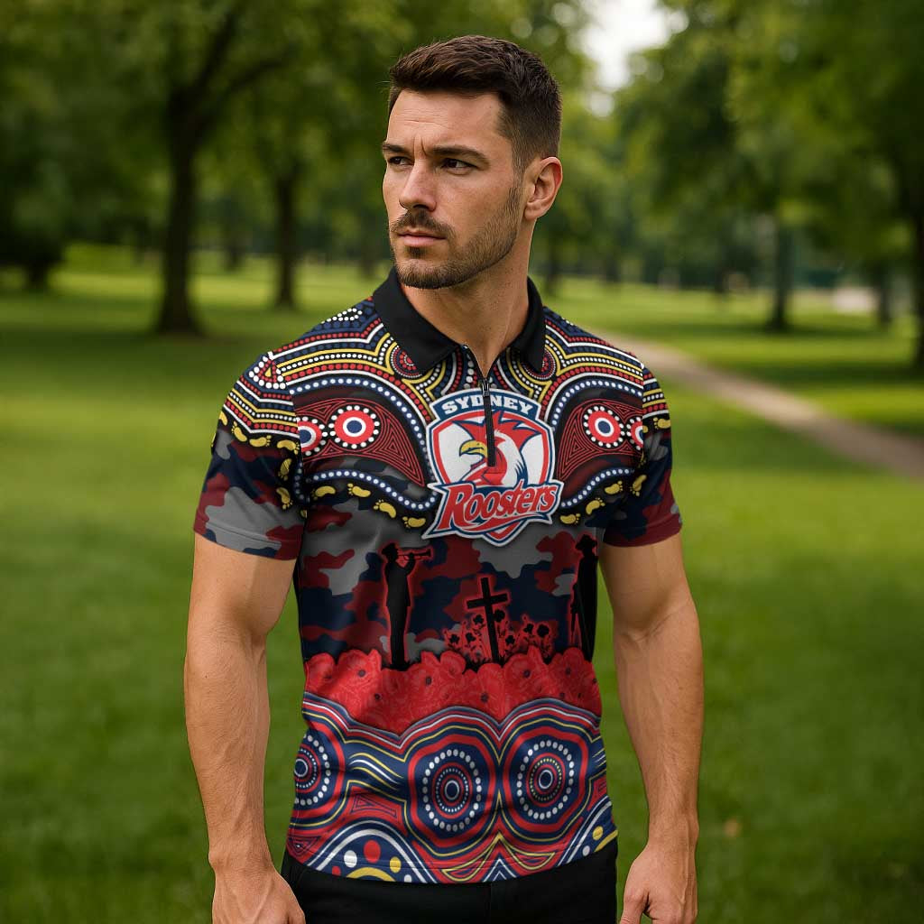 ANZAC Day Sydney Roosters Zipper Polo Shirt Military Memorial Aboriginal Indigenous Art