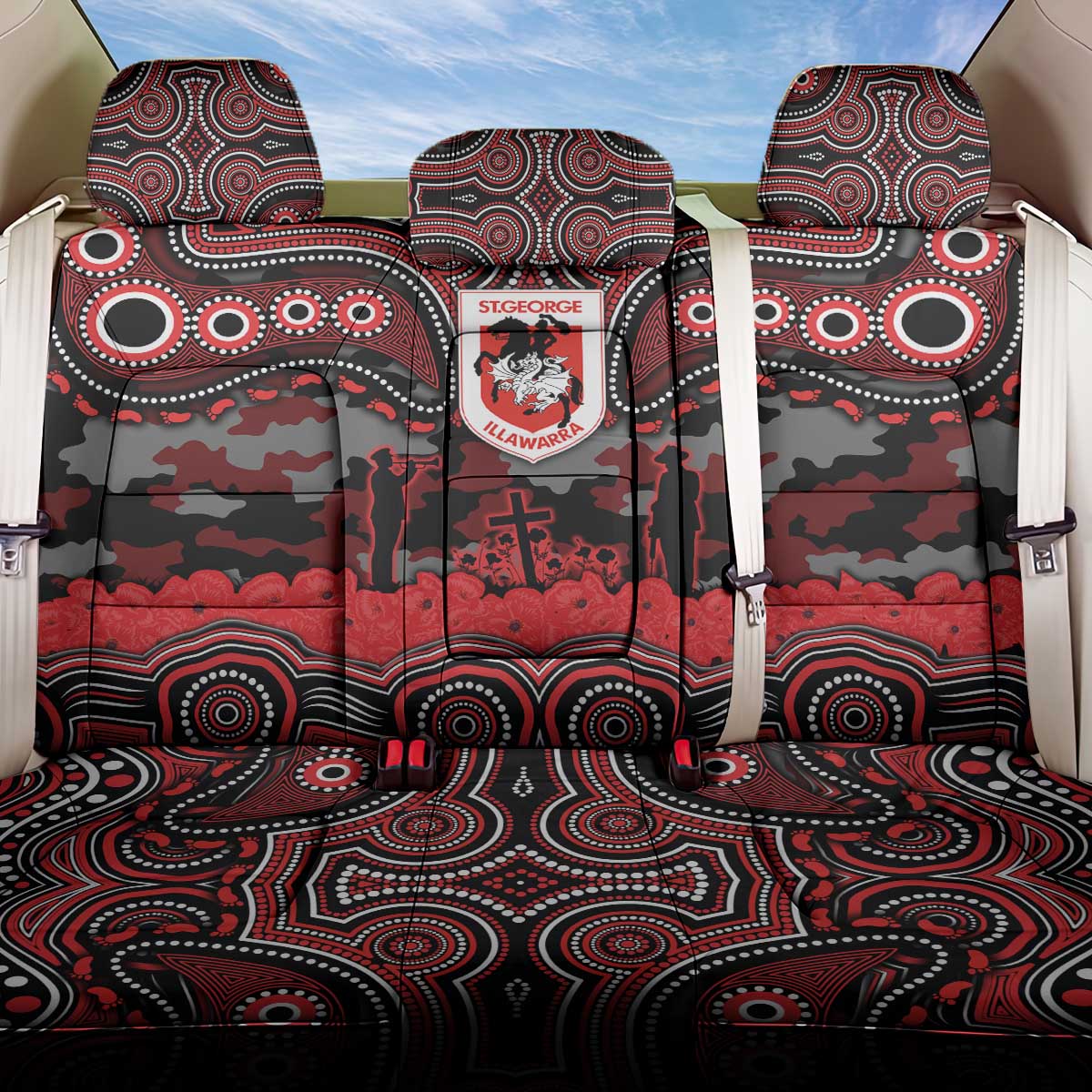 ANZAC Day St George Illawarra Dragons Back Car Seat Cover Military Memorial Aboriginal Indigenous Art