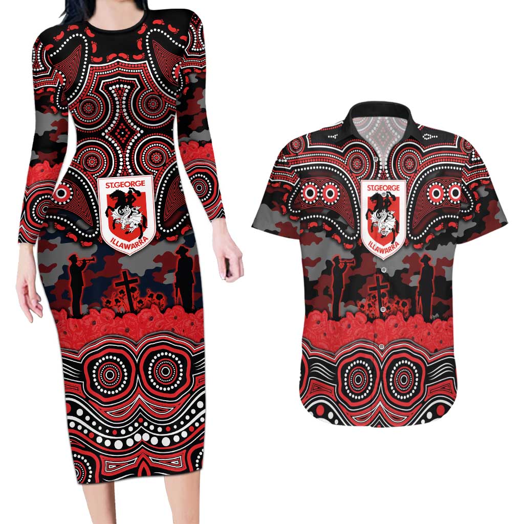 ANZAC Day St George Illawarra Dragons Couples Matching Long Sleeve Bodycon Dress and Hawaiian Shirt Military Memorial Aboriginal Indigenous Art