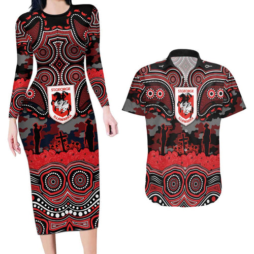 ANZAC Day St George Illawarra Dragons Couples Matching Long Sleeve Bodycon Dress and Hawaiian Shirt Military Memorial Aboriginal Indigenous Art