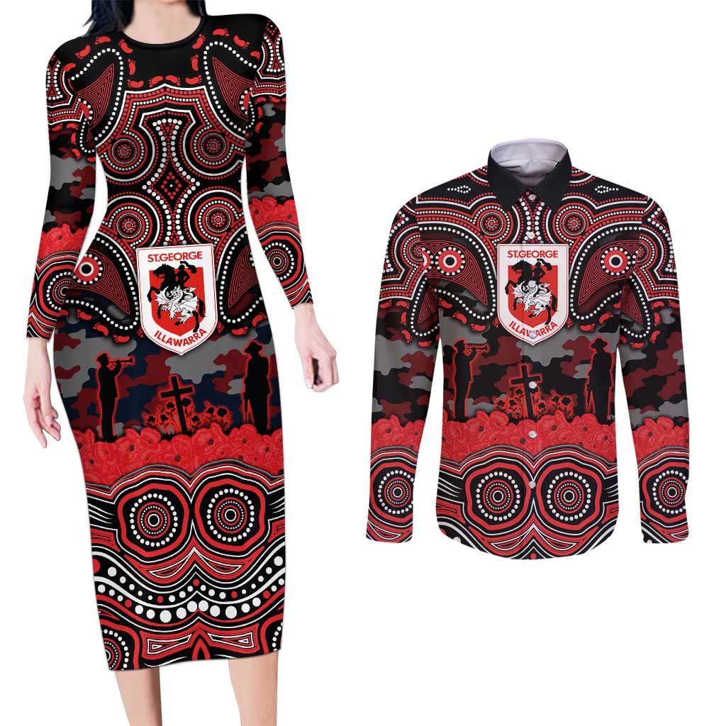 ANZAC Day St George Illawarra Dragons Couples Matching Long Sleeve Bodycon Dress and Long Sleeve Button Shirt Military Memorial Aboriginal Indigenous Art