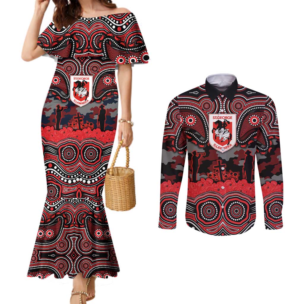 ANZAC Day St George Illawarra Dragons Couples Matching Mermaid Dress and Long Sleeve Button Shirt Military Memorial Aboriginal Indigenous Art