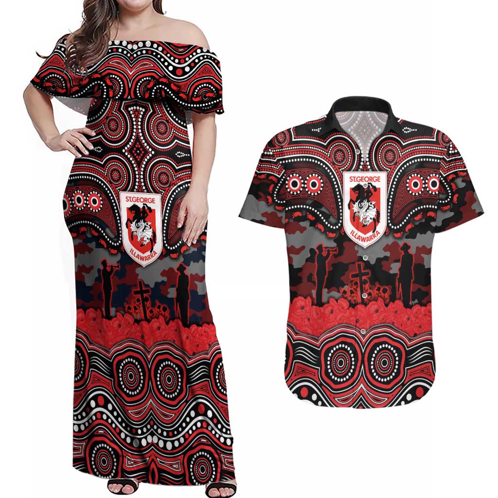 ANZAC Day St George Illawarra Dragons Couples Matching Off Shoulder Maxi Dress and Hawaiian Shirt Military Memorial Aboriginal Indigenous Art
