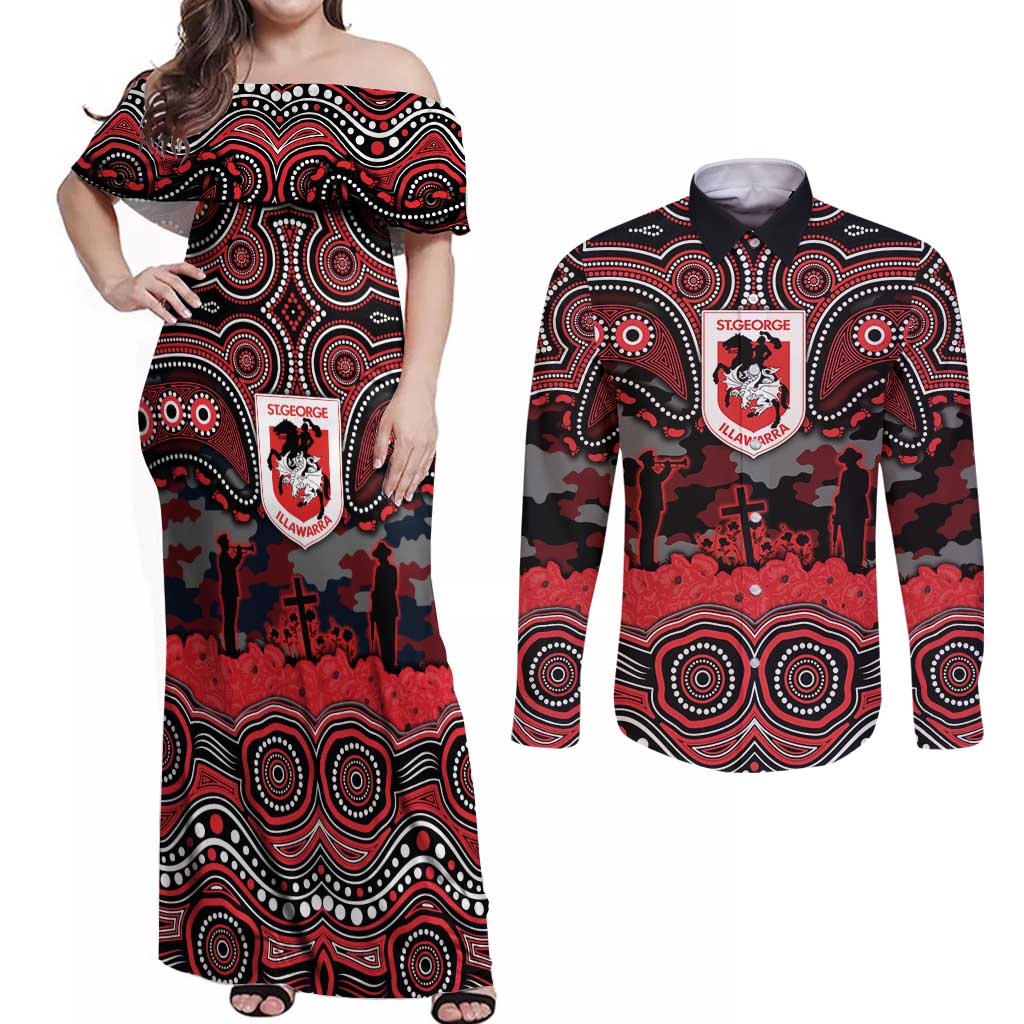 ANZAC Day St George Illawarra Dragons Couples Matching Off Shoulder Maxi Dress and Long Sleeve Button Shirt Military Memorial Aboriginal Indigenous Art