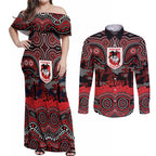 ANZAC Day St George Illawarra Dragons Couples Matching Off Shoulder Maxi Dress and Long Sleeve Button Shirt Military Memorial Aboriginal Indigenous Art