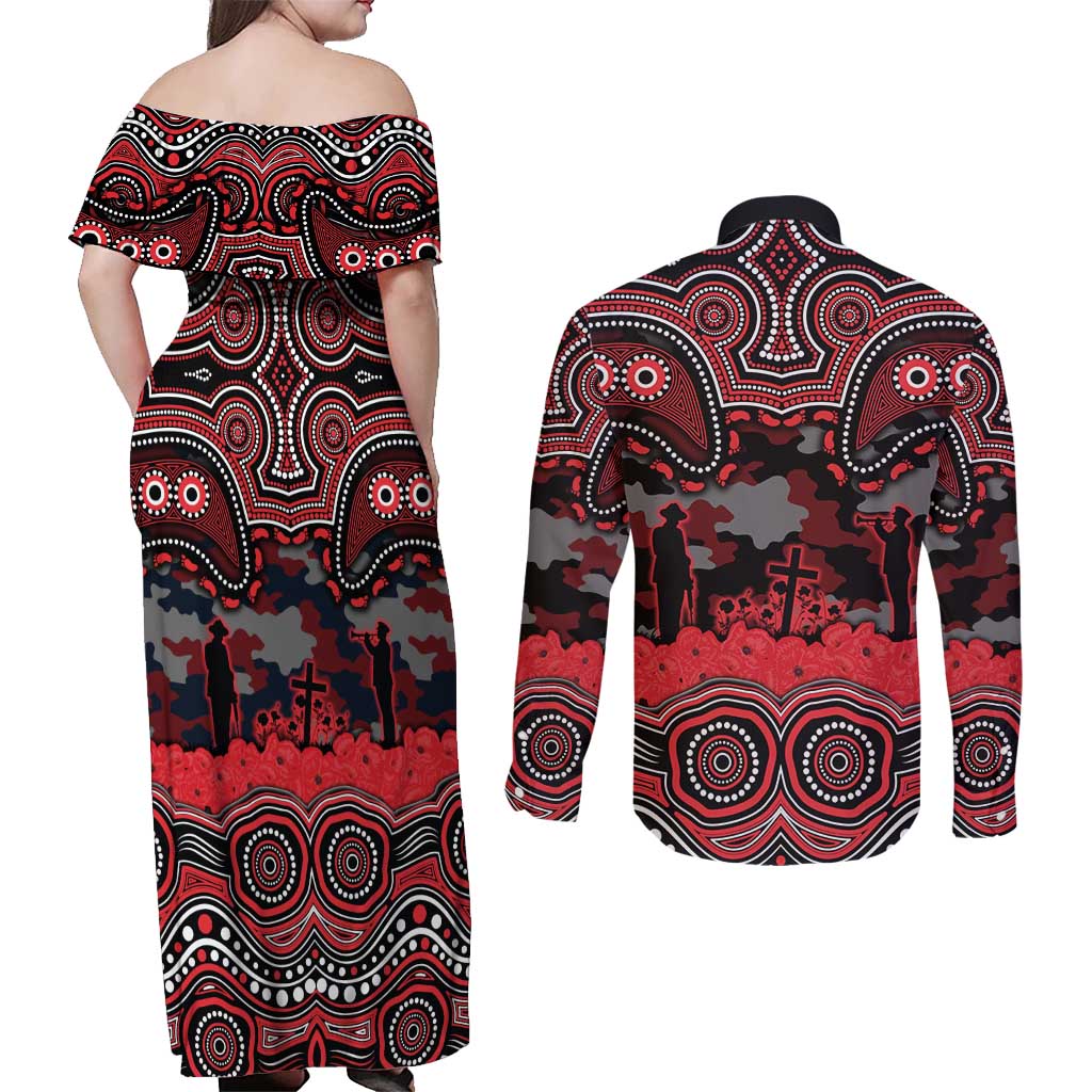 ANZAC Day St George Illawarra Dragons Couples Matching Off Shoulder Maxi Dress and Long Sleeve Button Shirt Military Memorial Aboriginal Indigenous Art