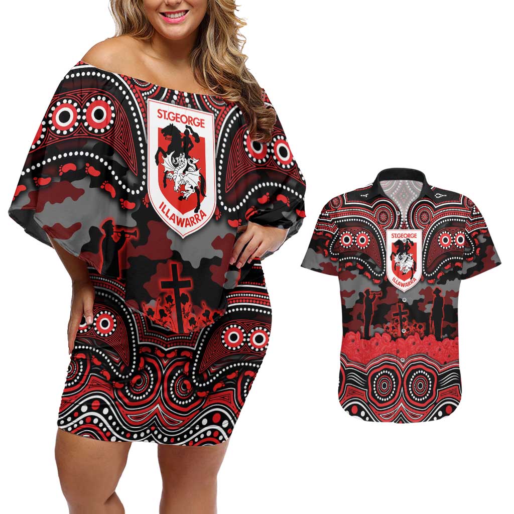 ANZAC Day St George Illawarra Dragons Couples Matching Off Shoulder Short Dress and Hawaiian Shirt Military Memorial Aboriginal Indigenous Art