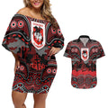 ANZAC Day St George Illawarra Dragons Couples Matching Off Shoulder Short Dress and Hawaiian Shirt Military Memorial Aboriginal Indigenous Art