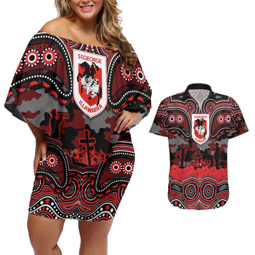 ANZAC Day St George Illawarra Dragons Couples Matching Off Shoulder Short Dress and Hawaiian Shirt Military Memorial Aboriginal Indigenous Art
