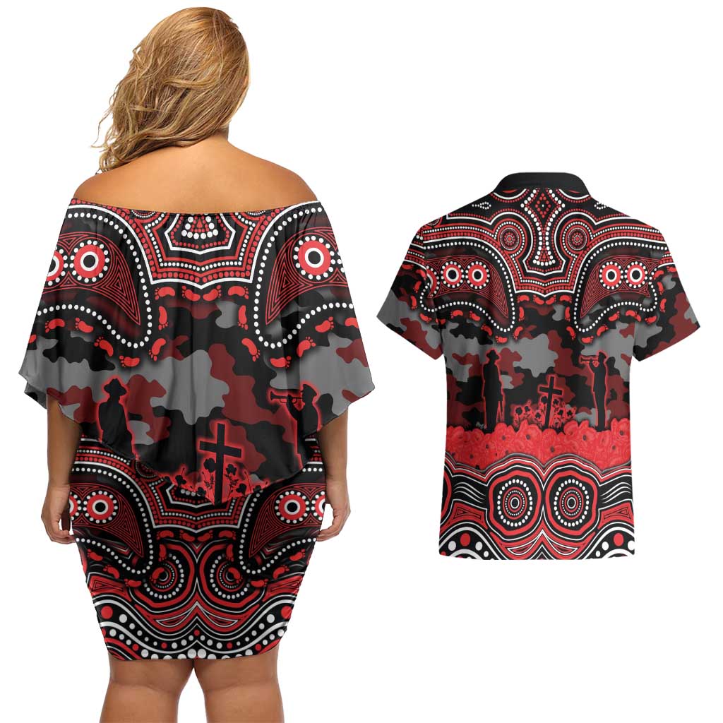 ANZAC Day St George Illawarra Dragons Couples Matching Off Shoulder Short Dress and Hawaiian Shirt Military Memorial Aboriginal Indigenous Art