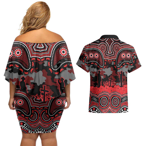 ANZAC Day St George Illawarra Dragons Couples Matching Off Shoulder Short Dress and Hawaiian Shirt Military Memorial Aboriginal Indigenous Art
