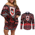 ANZAC Day St George Illawarra Dragons Couples Matching Off Shoulder Short Dress and Long Sleeve Button Shirt Military Memorial Aboriginal Indigenous Art