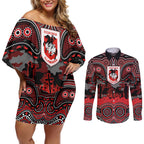 ANZAC Day St George Illawarra Dragons Couples Matching Off Shoulder Short Dress and Long Sleeve Button Shirt Military Memorial Aboriginal Indigenous Art