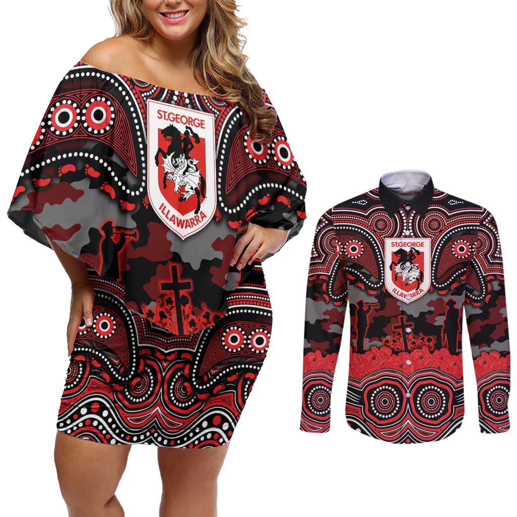ANZAC Day St George Illawarra Dragons Couples Matching Off Shoulder Short Dress and Long Sleeve Button Shirt Military Memorial Aboriginal Indigenous Art