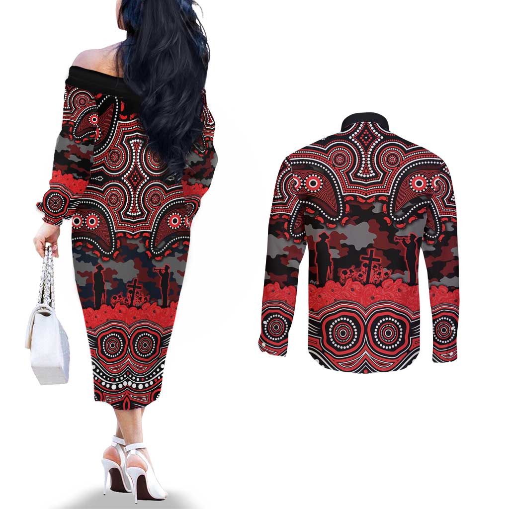 ANZAC Day St George Illawarra Dragons Couples Matching Off The Shoulder Long Sleeve Dress and Long Sleeve Button Shirt Military Memorial Aboriginal Indigenous Art