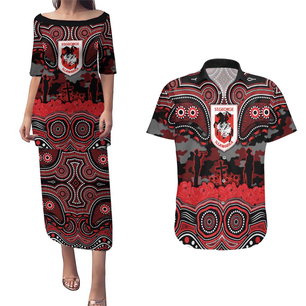 ANZAC Day St George Illawarra Dragons Couples Matching Puletasi and Hawaiian Shirt Military Memorial Aboriginal Indigenous Art