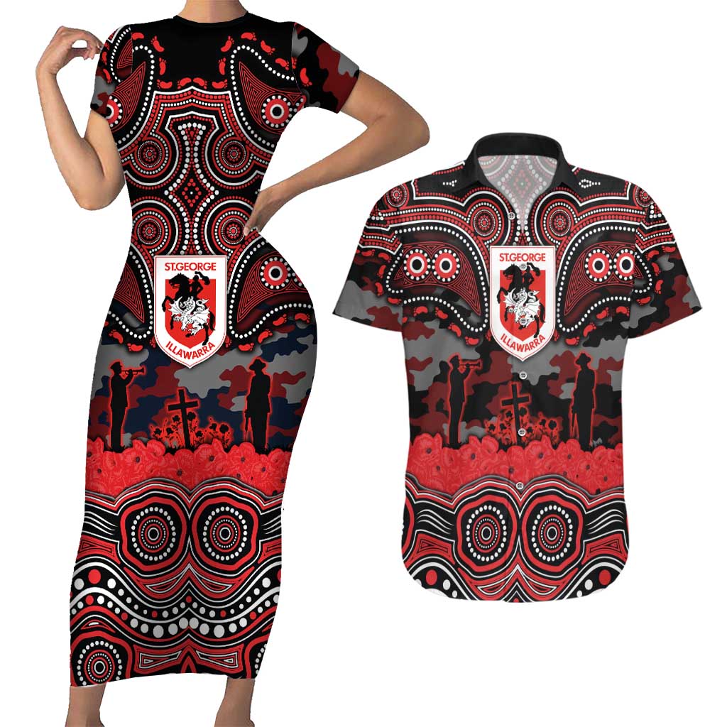ANZAC Day St George Illawarra Dragons Couples Matching Short Sleeve Bodycon Dress and Hawaiian Shirt Military Memorial Aboriginal Indigenous Art