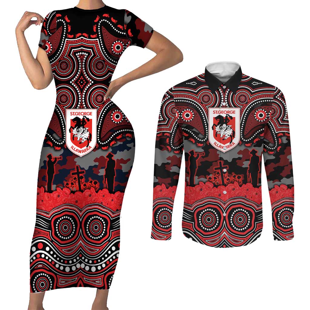 ANZAC Day St George Illawarra Dragons Couples Matching Short Sleeve Bodycon Dress and Long Sleeve Button Shirt Military Memorial Aboriginal Indigenous Art