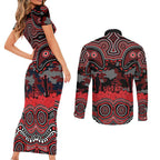 ANZAC Day St George Illawarra Dragons Couples Matching Short Sleeve Bodycon Dress and Long Sleeve Button Shirt Military Memorial Aboriginal Indigenous Art