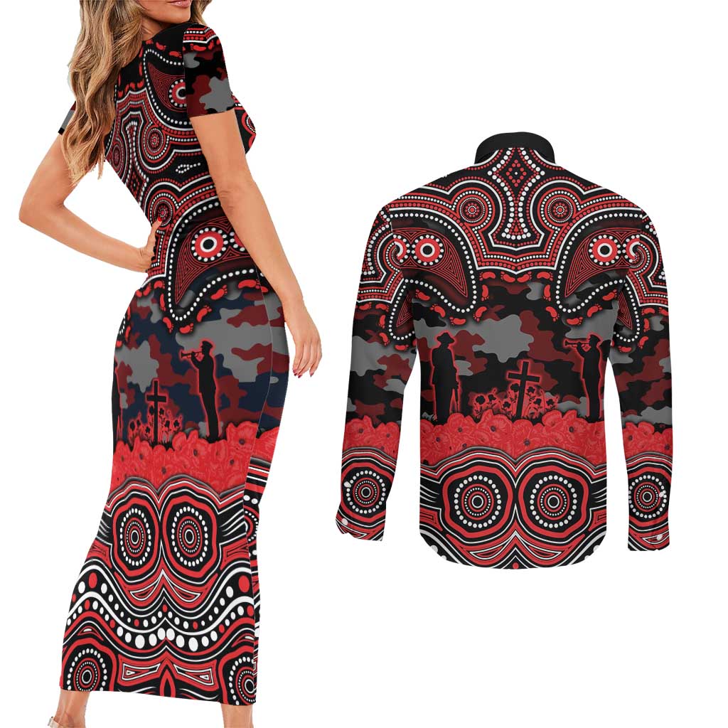 ANZAC Day St George Illawarra Dragons Couples Matching Short Sleeve Bodycon Dress and Long Sleeve Button Shirt Military Memorial Aboriginal Indigenous Art