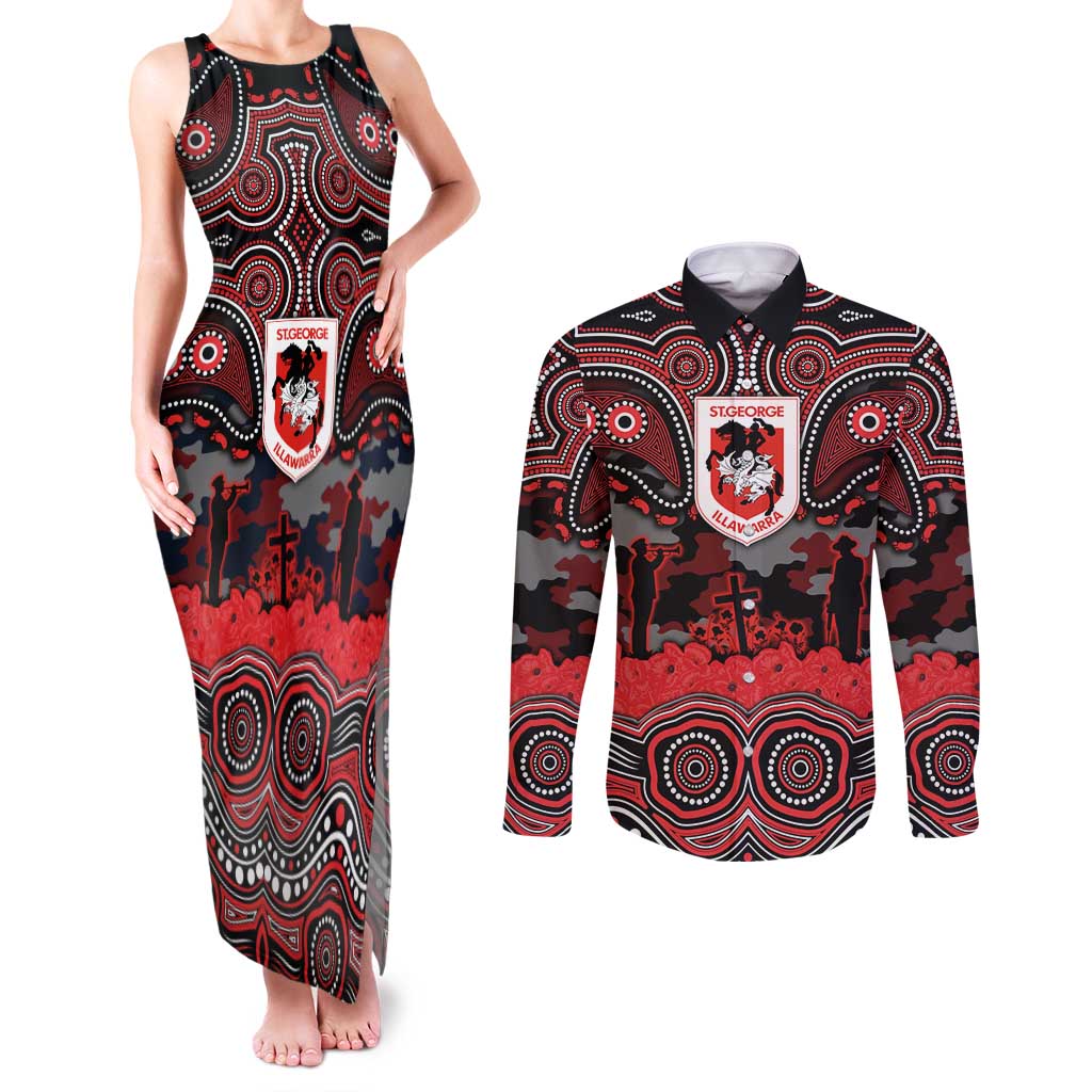 ANZAC Day St George Illawarra Dragons Couples Matching Tank Maxi Dress and Long Sleeve Button Shirt Military Memorial Aboriginal Indigenous Art
