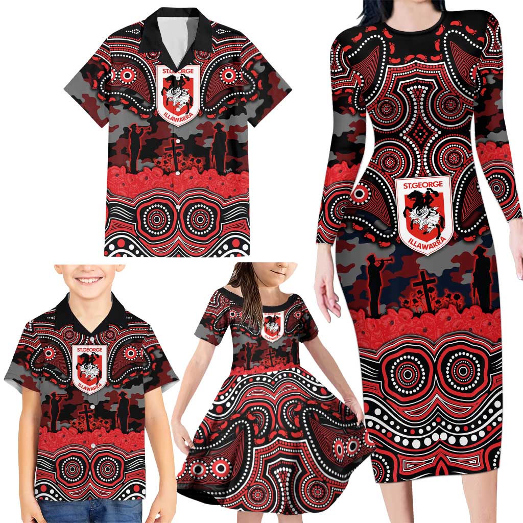 ANZAC Day St George Illawarra Dragons Family Matching Long Sleeve Bodycon Dress and Hawaiian Shirt Military Memorial Aboriginal Indigenous Art