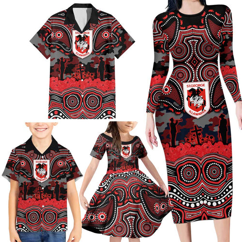 ANZAC Day St George Illawarra Dragons Family Matching Long Sleeve Bodycon Dress and Hawaiian Shirt Military Memorial Aboriginal Indigenous Art