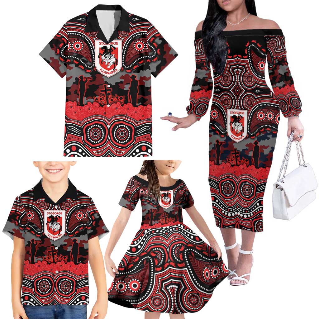 ANZAC Day St George Illawarra Dragons Family Matching Off The Shoulder Long Sleeve Dress and Hawaiian Shirt Military Memorial Aboriginal Indigenous Art