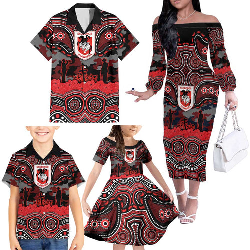 ANZAC Day St George Illawarra Dragons Family Matching Off The Shoulder Long Sleeve Dress and Hawaiian Shirt Military Memorial Aboriginal Indigenous Art