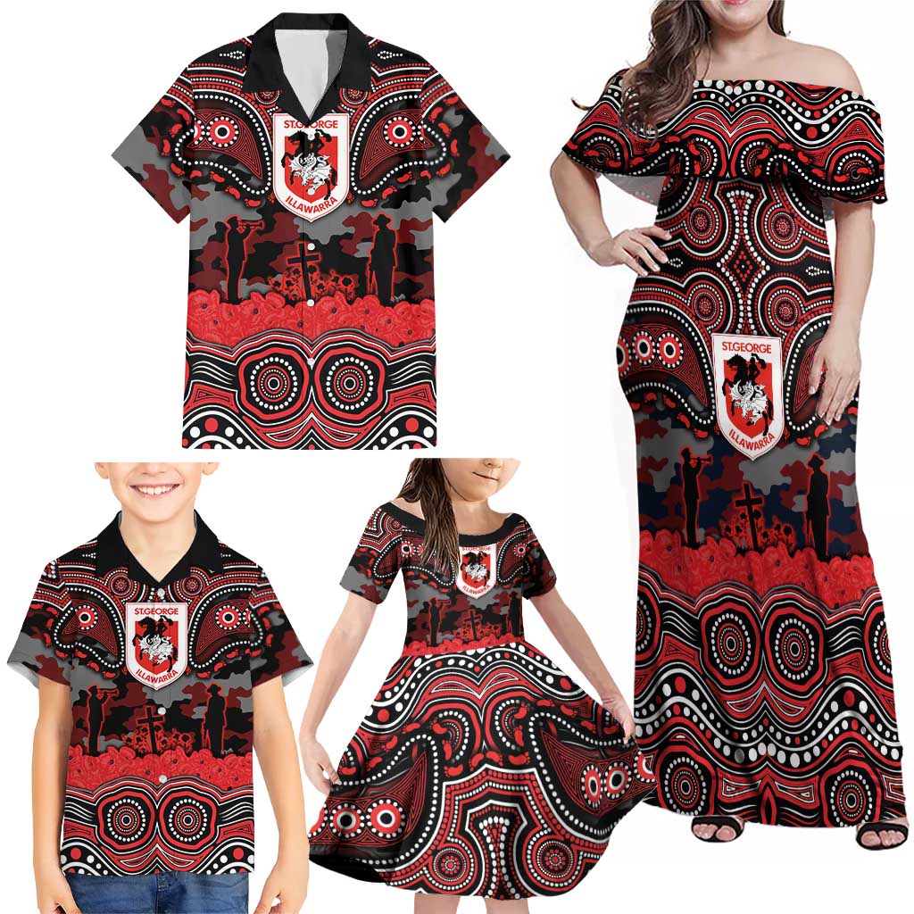 ANZAC Day St George Illawarra Dragons Family Matching Off Shoulder Maxi Dress and Hawaiian Shirt Military Memorial Aboriginal Indigenous Art