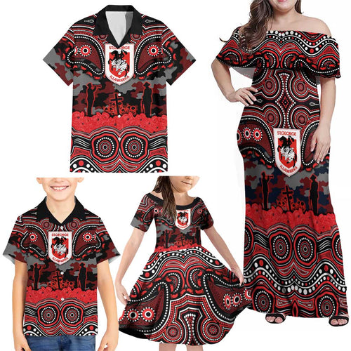 ANZAC Day St George Illawarra Dragons Family Matching Off Shoulder Maxi Dress and Hawaiian Shirt Military Memorial Aboriginal Indigenous Art