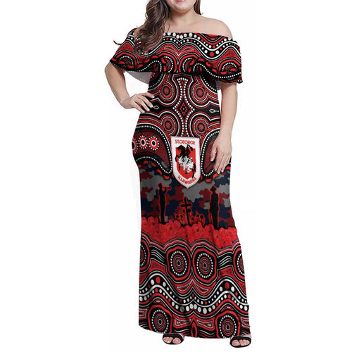ANZAC Day St George Illawarra Dragons Family Matching Off Shoulder Maxi Dress and Hawaiian Shirt Military Memorial Aboriginal Indigenous Art