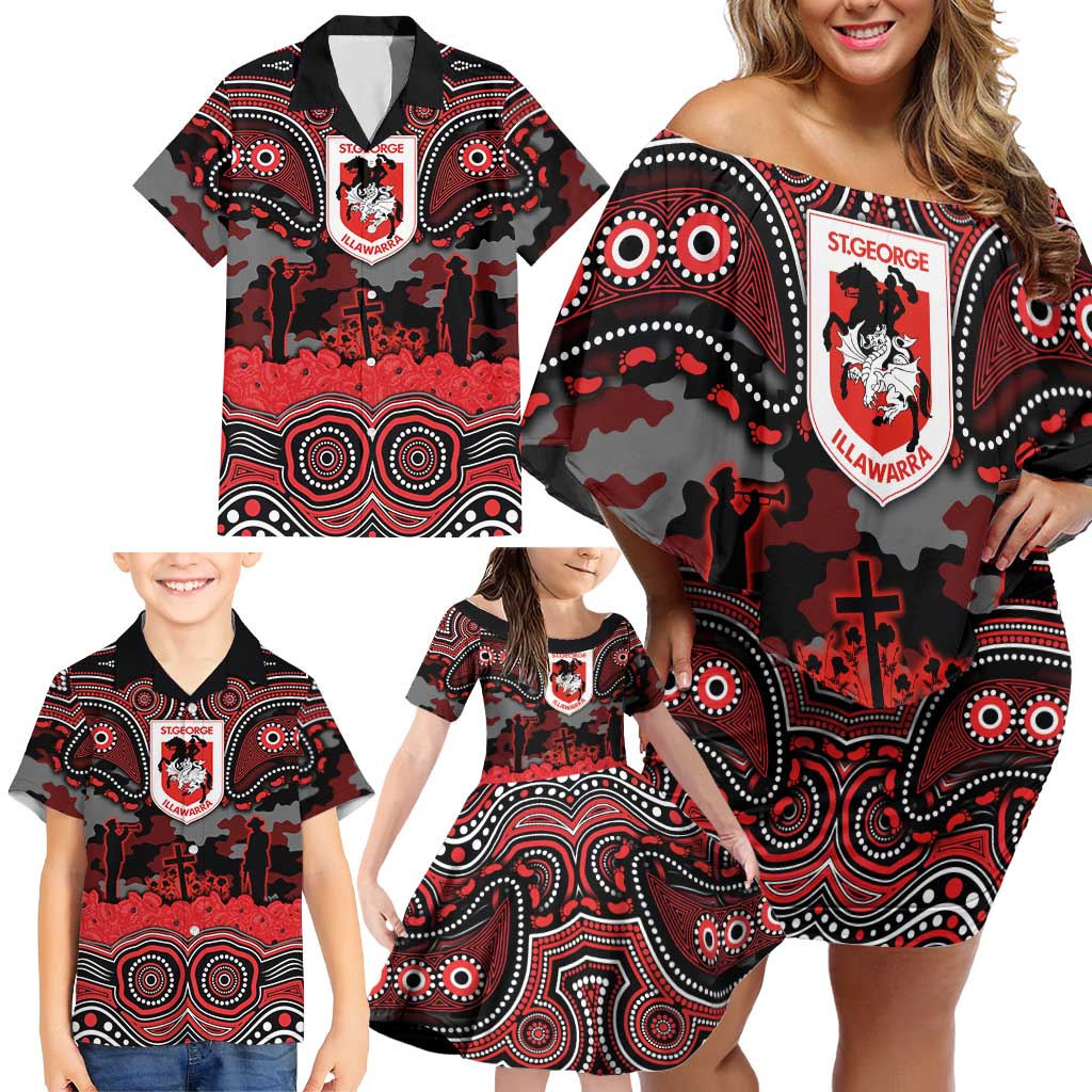 ANZAC Day St George Illawarra Dragons Family Matching Off Shoulder Short Dress and Hawaiian Shirt Military Memorial Aboriginal Indigenous Art