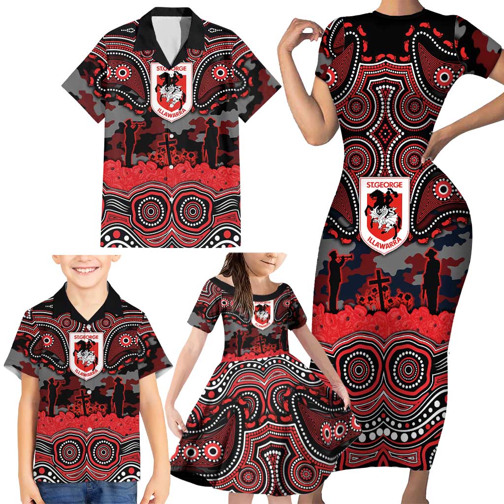 ANZAC Day St George Illawarra Dragons Family Matching Short Sleeve Bodycon Dress and Hawaiian Shirt Military Memorial Aboriginal Indigenous Art