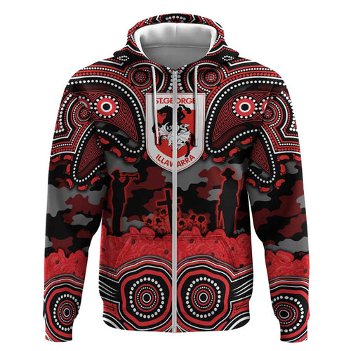 ANZAC Day St George Illawarra Dragons Hoodie Military Memorial Aboriginal Indigenous Art