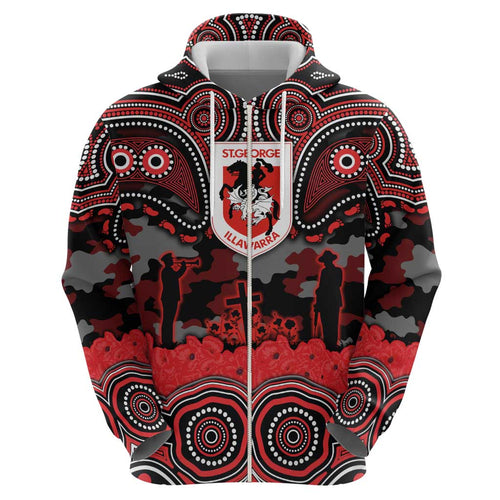 ANZAC Day St George Illawarra Dragons Hoodie Military Memorial Aboriginal Indigenous Art