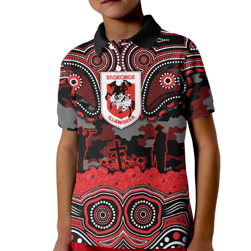 ANZAC Day St George Illawarra Dragons Kid Polo Shirt Military Memorial Aboriginal Indigenous Art