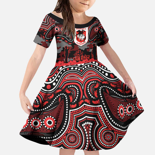 ANZAC Day St George Illawarra Dragons Kid Short Sleeve Dress Military Memorial Aboriginal Indigenous Art