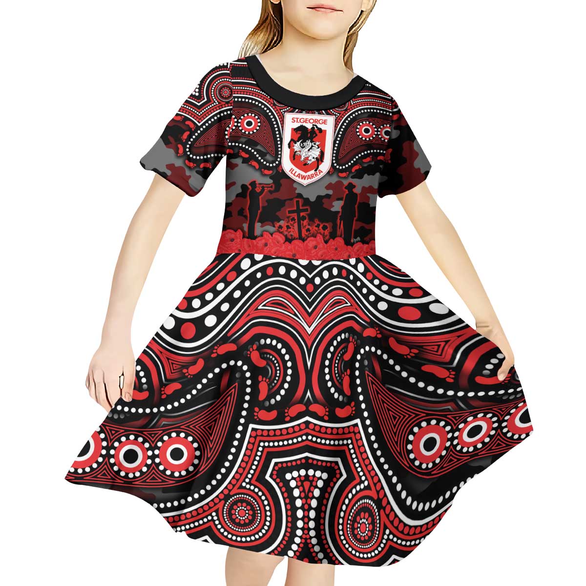 ANZAC Day St George Illawarra Dragons Kid Short Sleeve Dress Military Memorial Aboriginal Indigenous Art
