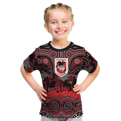 ANZAC Day St George Illawarra Dragons Kid T Shirt Military Memorial Aboriginal Indigenous Art