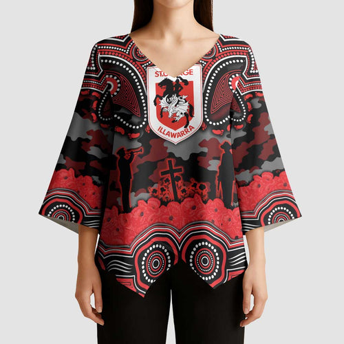 ANZAC Day St George Illawarra Dragons Kimono Sleeve Blouse Military Memorial Aboriginal Indigenous Art