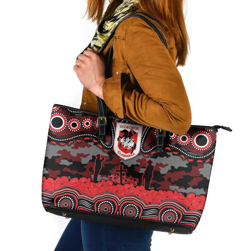 ANZAC Day St George Illawarra Dragons Leather Tote Bag Military Memorial Aboriginal Indigenous Art