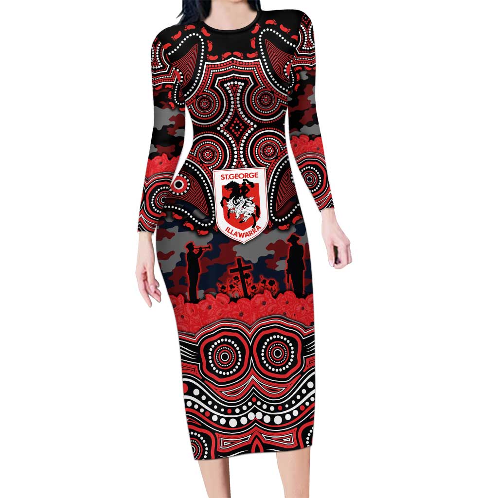 ANZAC Day St George Illawarra Dragons Long Sleeve Bodycon Dress Military Memorial Aboriginal Indigenous Art