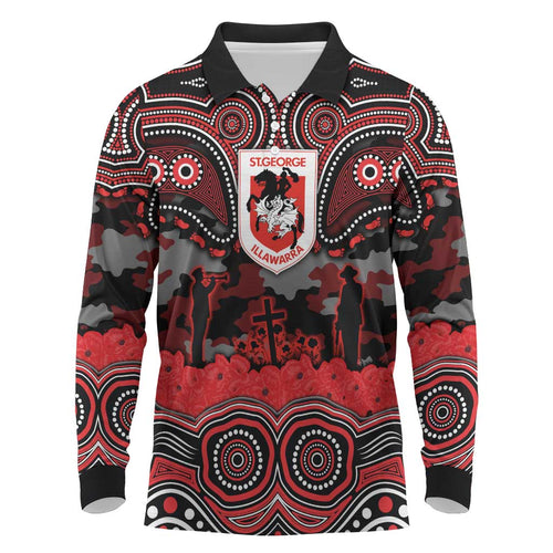 ANZAC Day St George Illawarra Dragons Long Sleeve Polo Shirt Military Memorial Aboriginal Indigenous Art