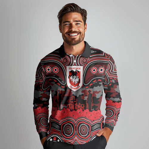 ANZAC Day St George Illawarra Dragons Long Sleeve Polo Shirt Military Memorial Aboriginal Indigenous Art